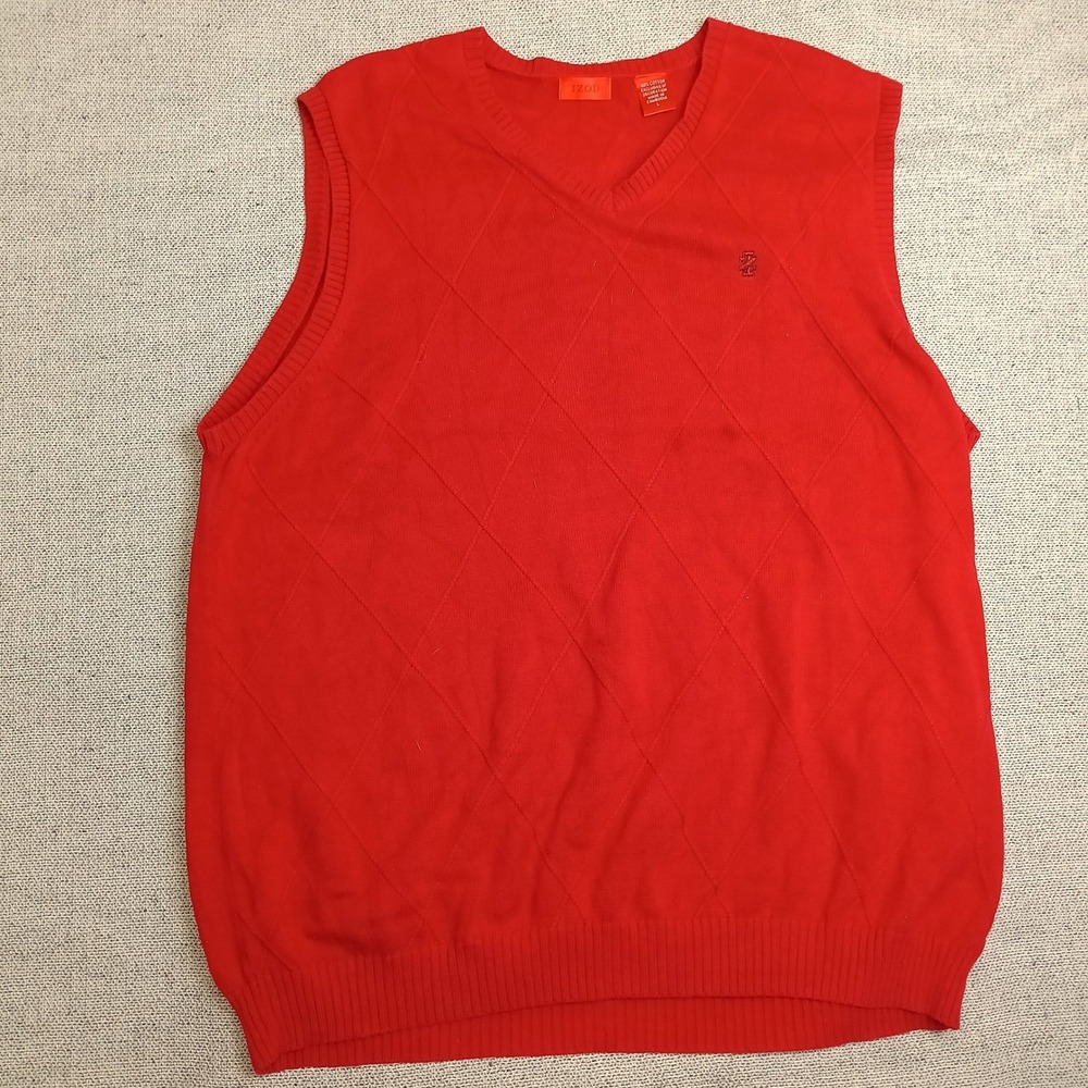 IZOD Sweater Vest Mens Large Red Good Argyle V-Neck 100% Cotton Sleeveless Knit